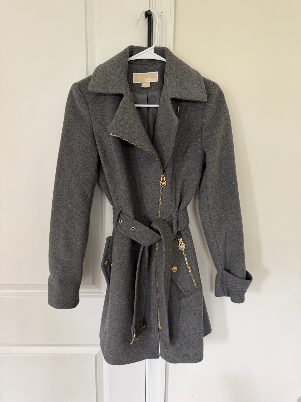 MICHAEL Michael Kors Charcoal Gray Belted Wool-Blend Trench Moto Coat XXS
